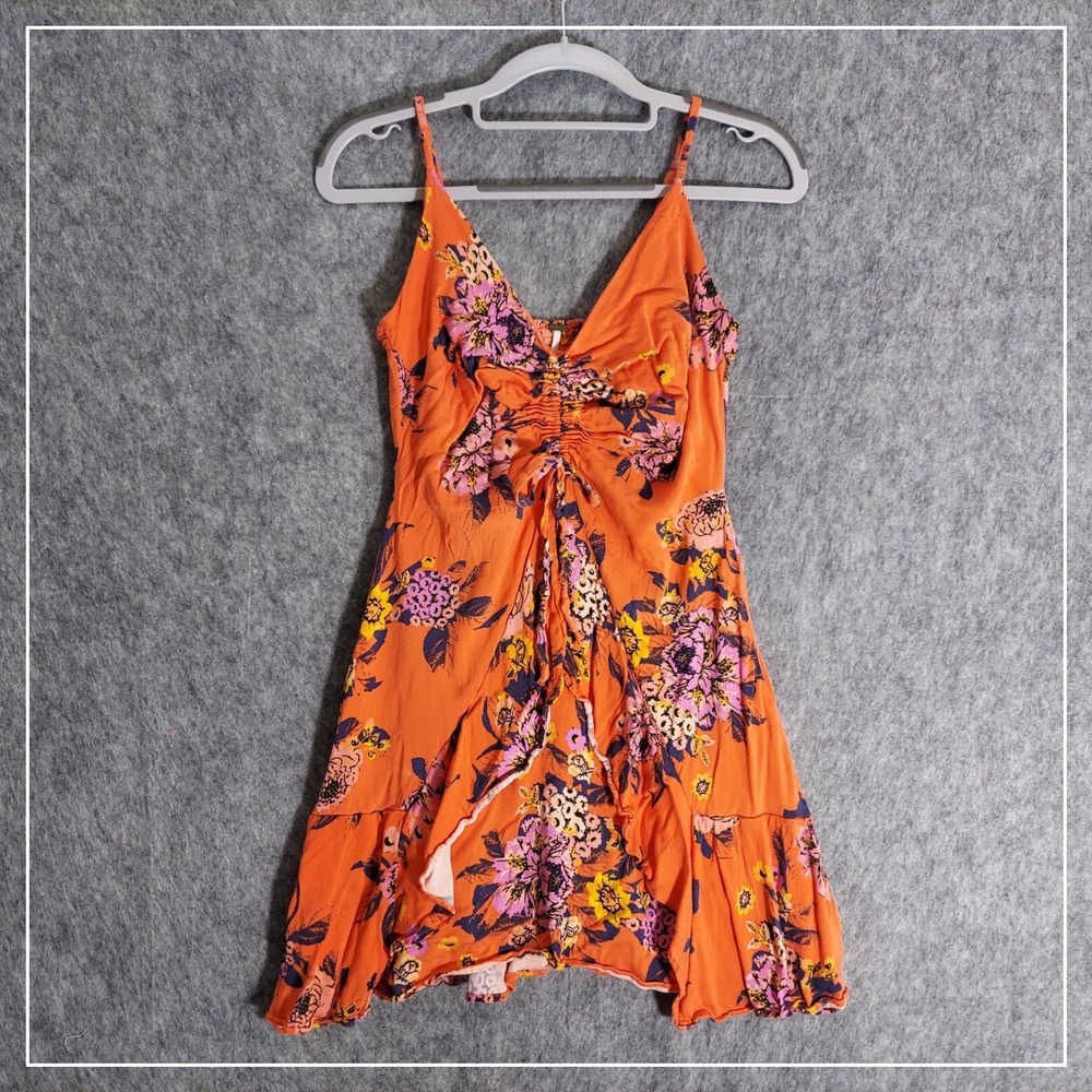 Free People Dress Women XS Orange Floral Ruched Front Mini‎ Boho Ruffle Hem